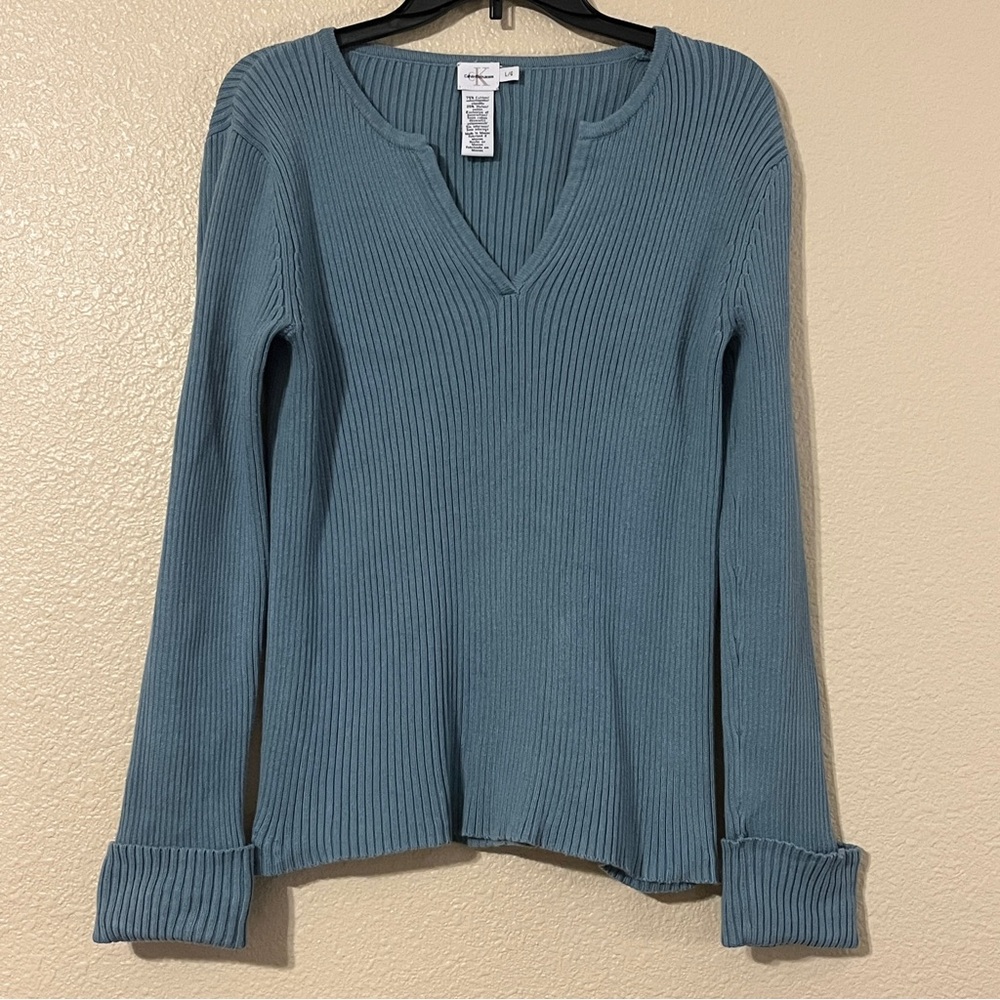 Calvin Klein Jeans Women’s L Blue/Gray Long Sleeve Ribbed Notched Neck Sweater